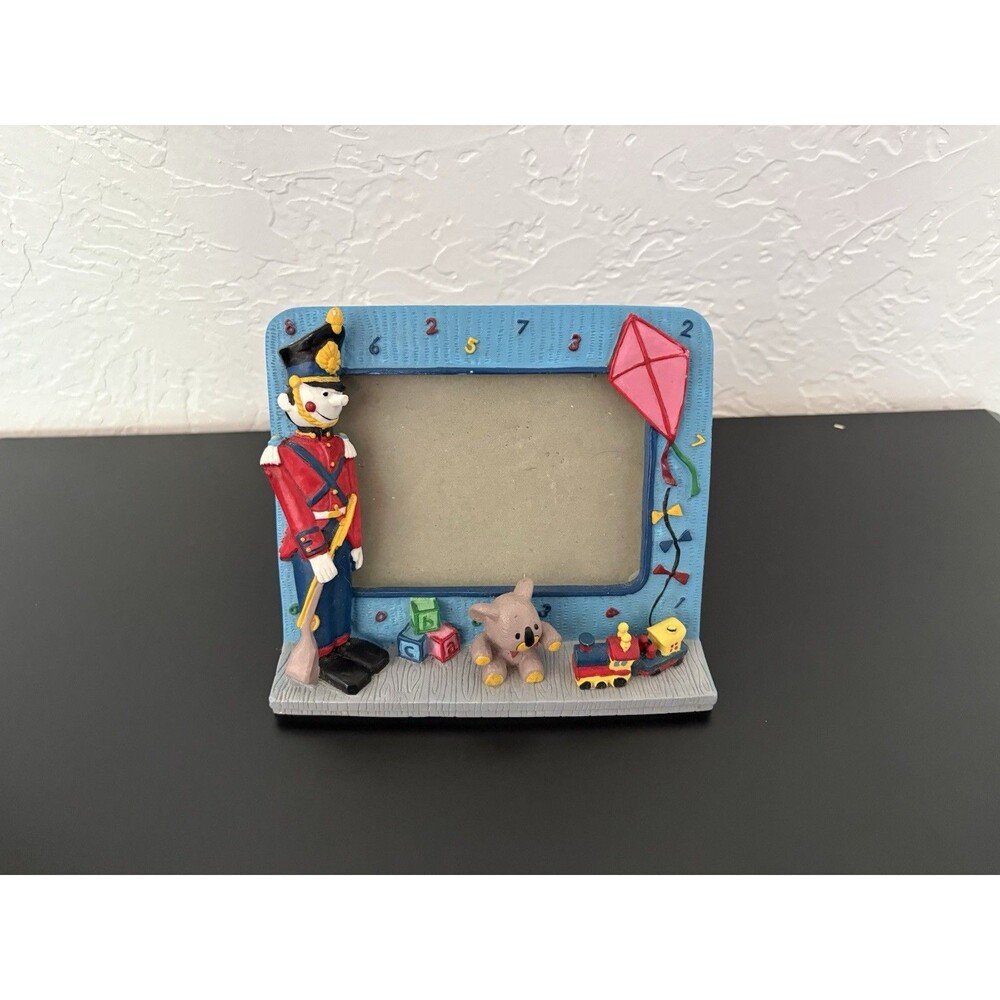 Vintage Resin Kids Cute Teddy Bear, Soldier And Train Photo Frame